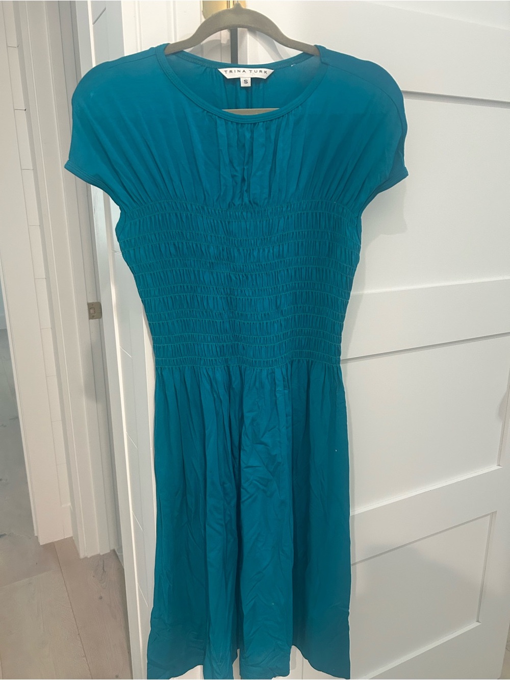 Trina Turk Teal Cap-Sleeve Shirred Waist Dress